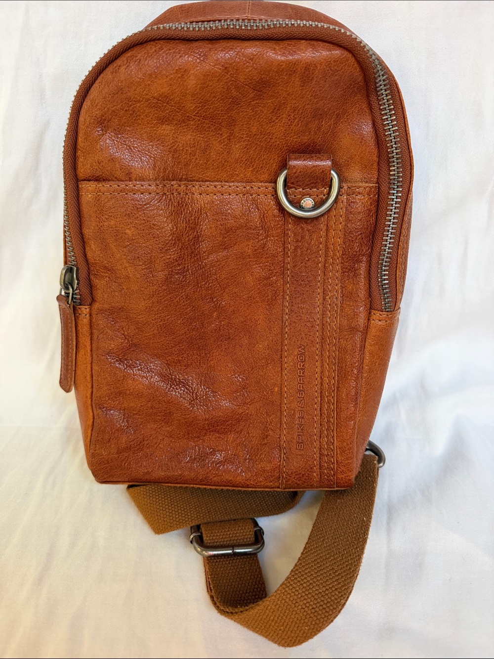 Tan Leather Sling Belt Bag with D-Ring Accent